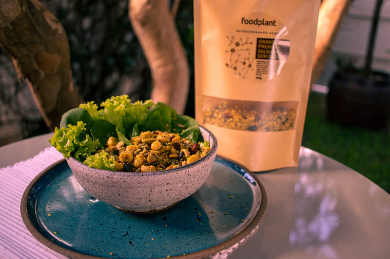 Granola Premium Salgada da Food Plant, feita com sementes, ervas aromáticas e especiarias naturais, rica em fibras e proteínas, perfeita para uma alimentação saudável e saborosa.
